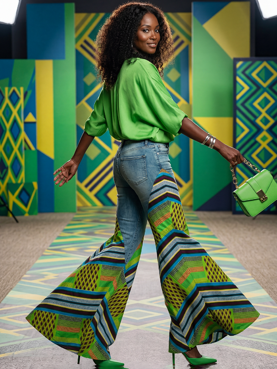 High Waisted Wide Leg Buttoned Contrast Color Pockets Split-Joint Striped Zipper Jean Pants Bottoms