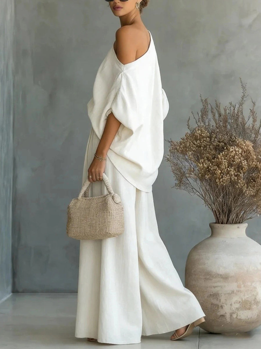 Loose Solid Color One-Shoulder Blouses&Shirts Tops + High Waisted Pleated Pockets Pants Trousers Two Pieces Set