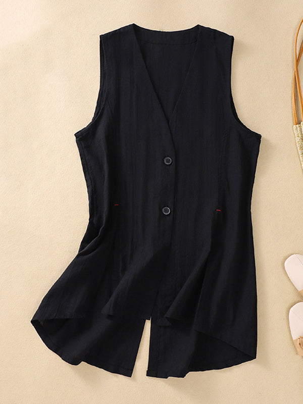 Loose Sleeveless Buttoned Solid Color V-Neck Vest Top BLACK