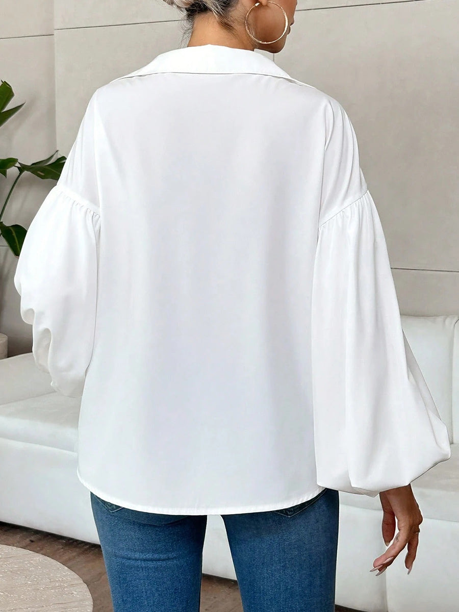 Long Sleeves Loose Pleated Solid Color Split-Joint Lapel Blouses&Shirts Tops