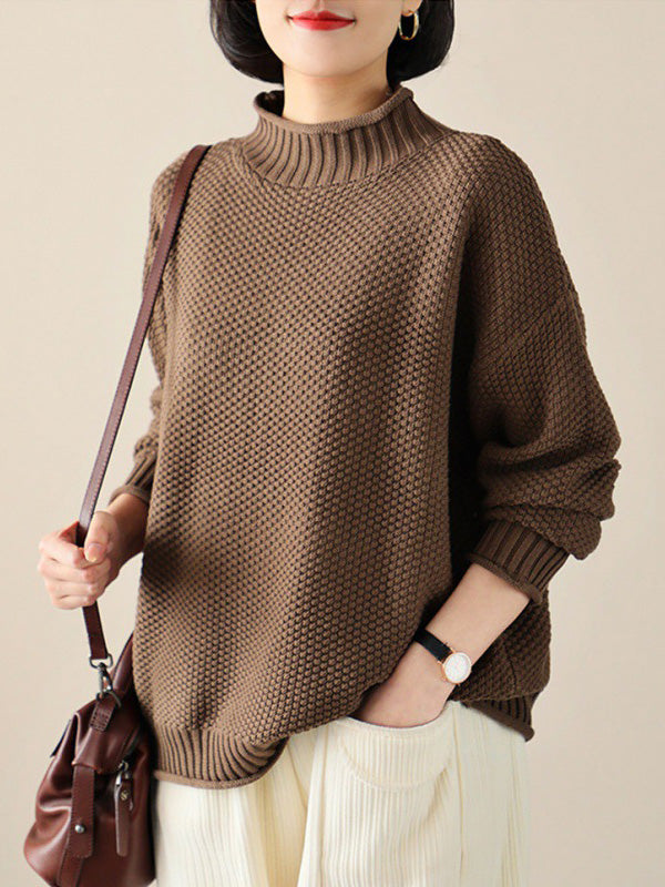 Casual Loose Long Sleeves Solid Color High-Neck Sweater Tops DEEP KHAKI One_size