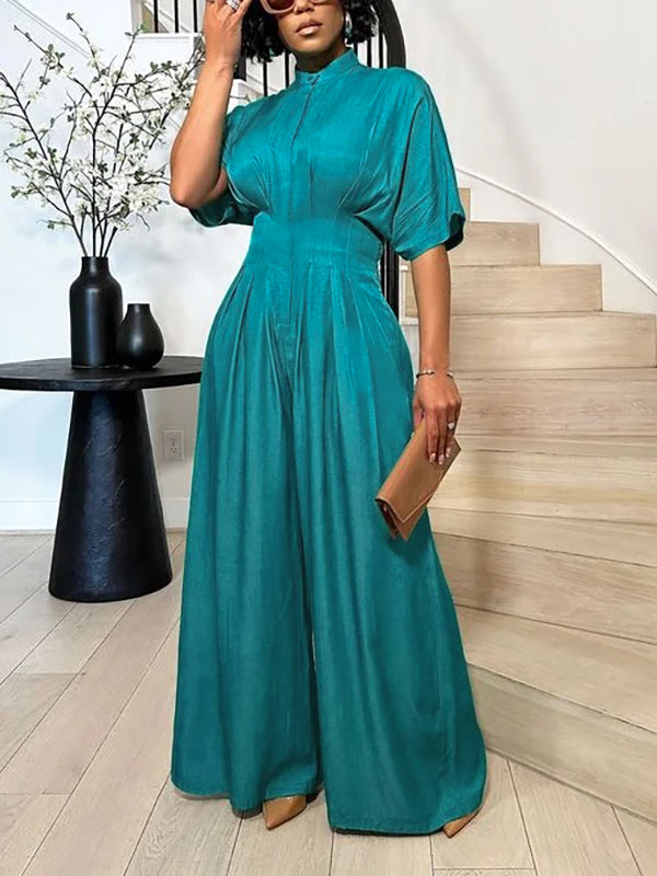 Half Sleeves High Waisted Pleated Solid Color Mock Neck Jumpsuits