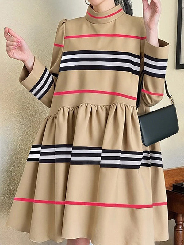 A-Line High Waisted Contrast Color Pleated Striped Mock Neck Midi Dresses