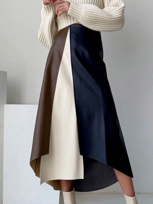A-Line High Waisted Asymmetric Contrast Color Split-Front Skirts Bottoms