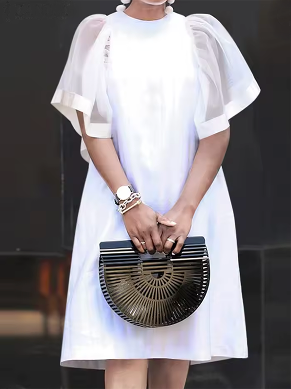 Short Sleeves Pleated See-Through Solid Color Split-Joint Round-Neck Mini Dresses