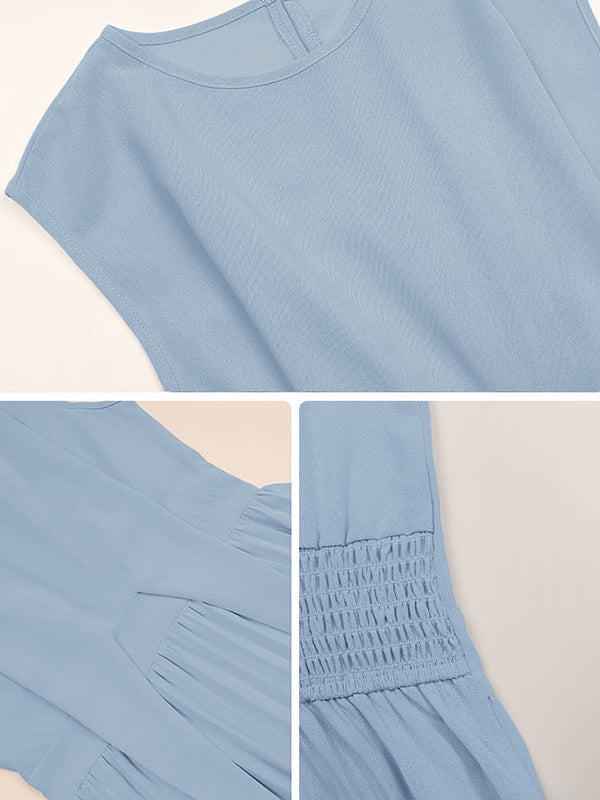 Loose Raglan Sleeve Elasticity Pleated Solid Color Split-Joint Tied Waist Round-Neck Midi Dresses