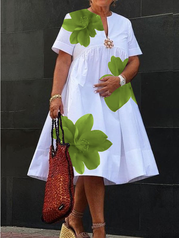 A-Line Loose Flower Print Pleated V-Neck Midi Dresses LIGHT GREEN