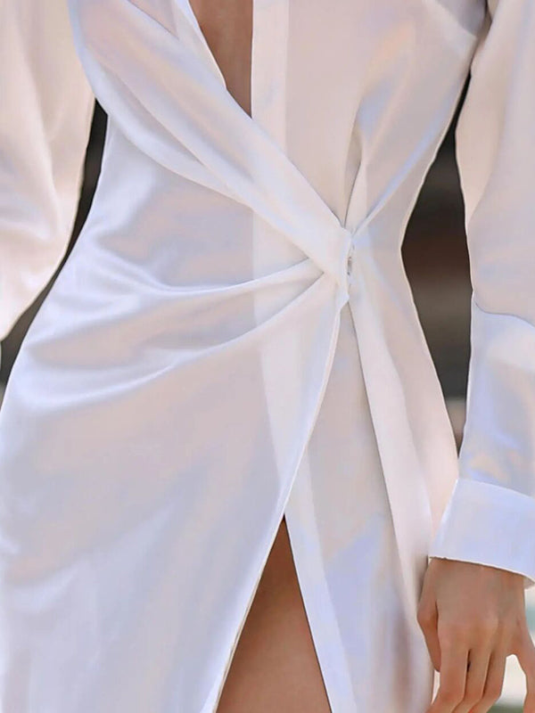 Long Sleeves Buckle Buttoned Pleated Solid Color Split-Front Lapel Maxi Dresses Shirt Dress