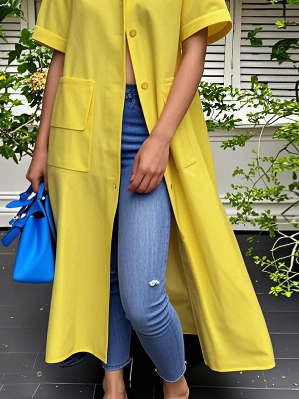 Lockere, kurze Ärmel, geknöpfte Taschen, einfarbige Bluse mit Stehkragen, Oberbekleidung, Midikleid