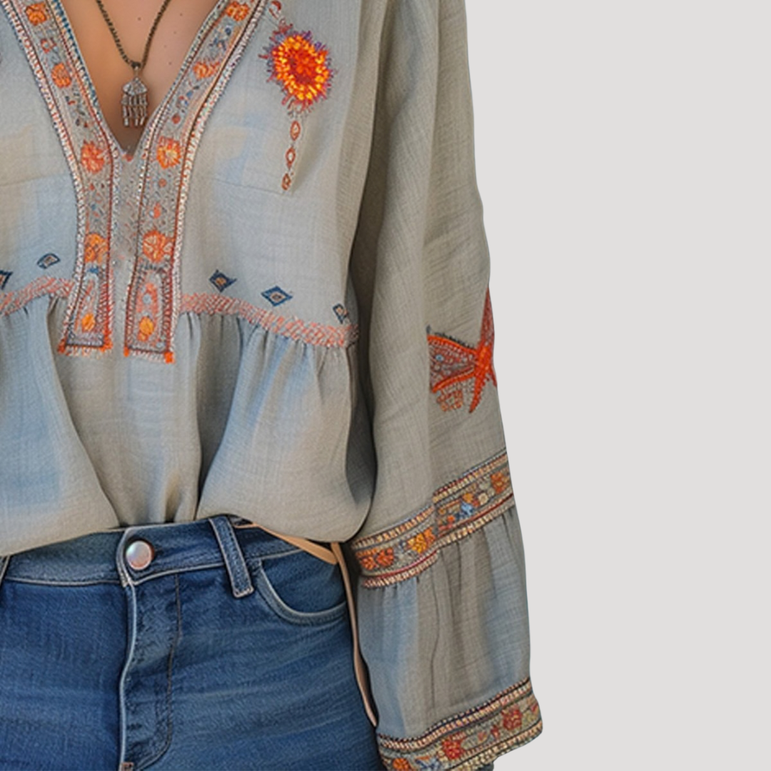Zinnia | Women's Embroidered V-Neck Long Sleeve Blouse