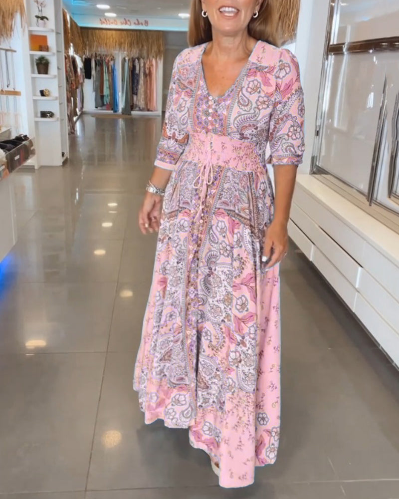 Solis | Women's Paisley Maxi Dress V-Neck 3/4 Sleeve Boho