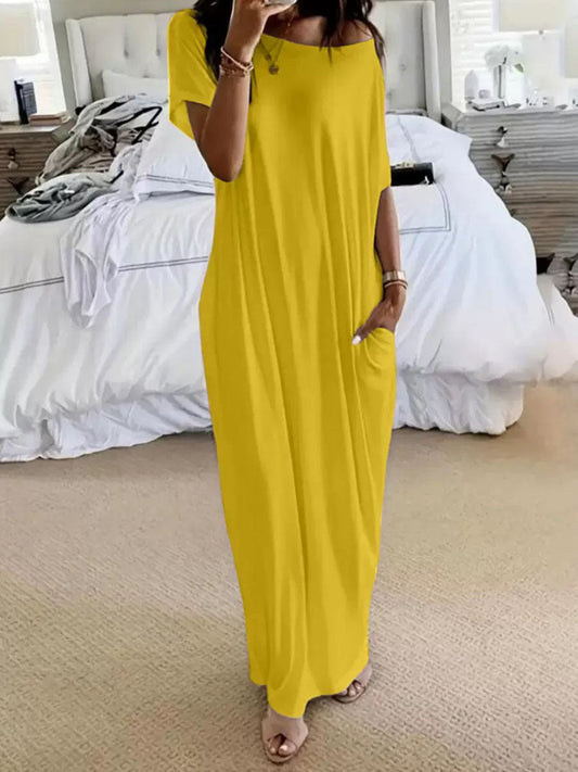 Solid Color Pockets Short Sleeves Plus Size One-shoulder Maxi Dresses