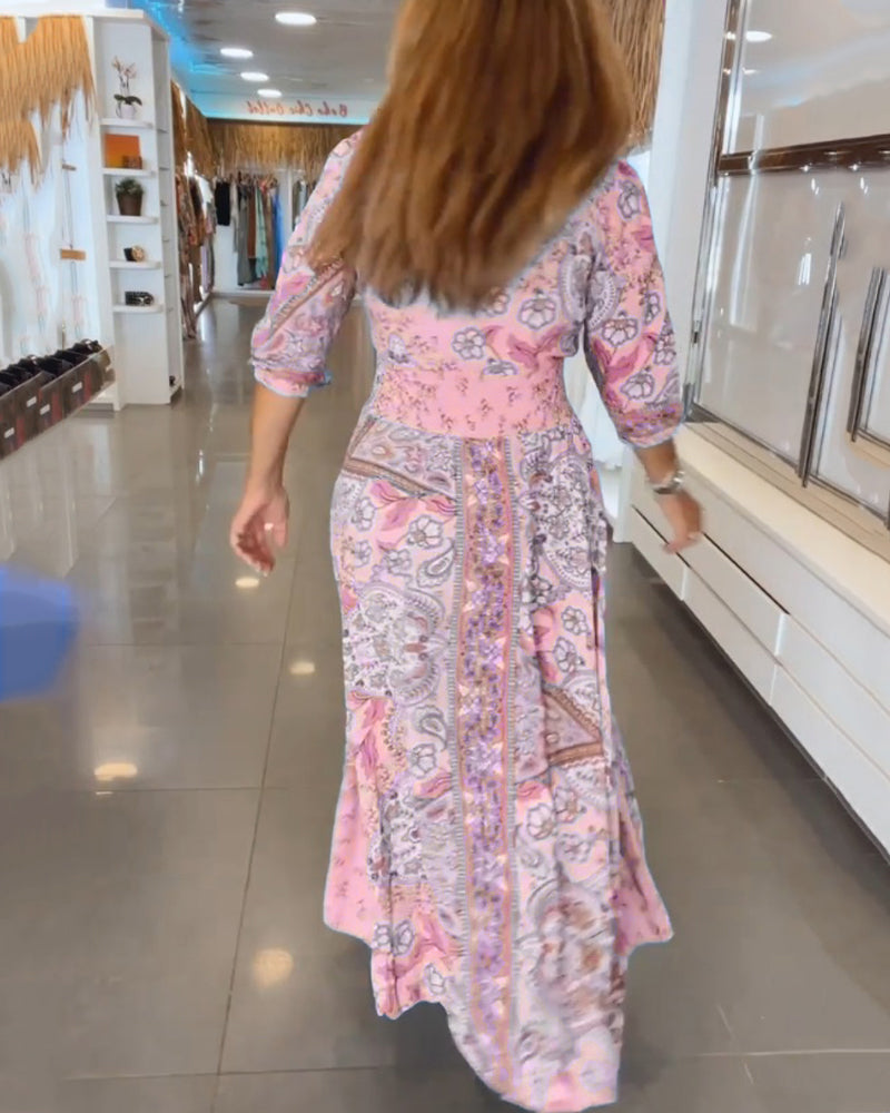 Solis | Women's Paisley Maxi Dress V-Neck 3/4 Sleeve Boho