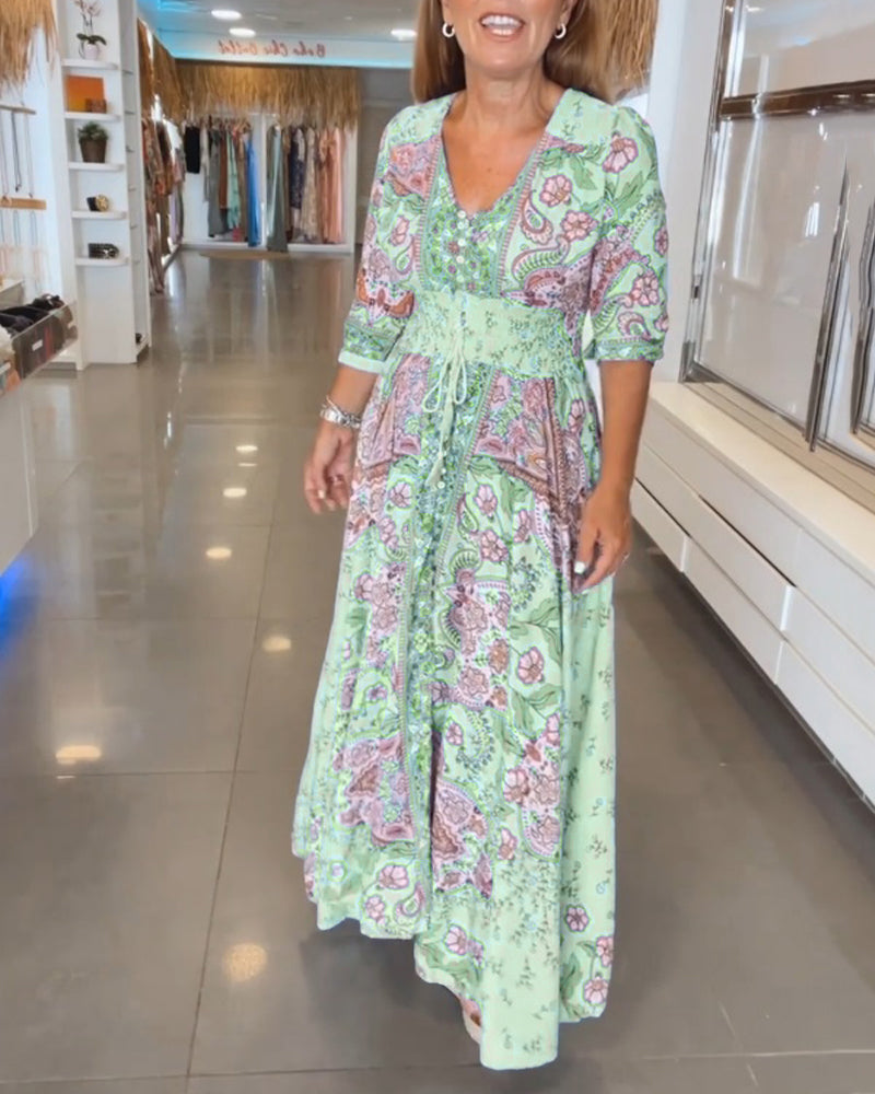 Solis | Women's Paisley Maxi Dress V-Neck 3/4 Sleeve Boho