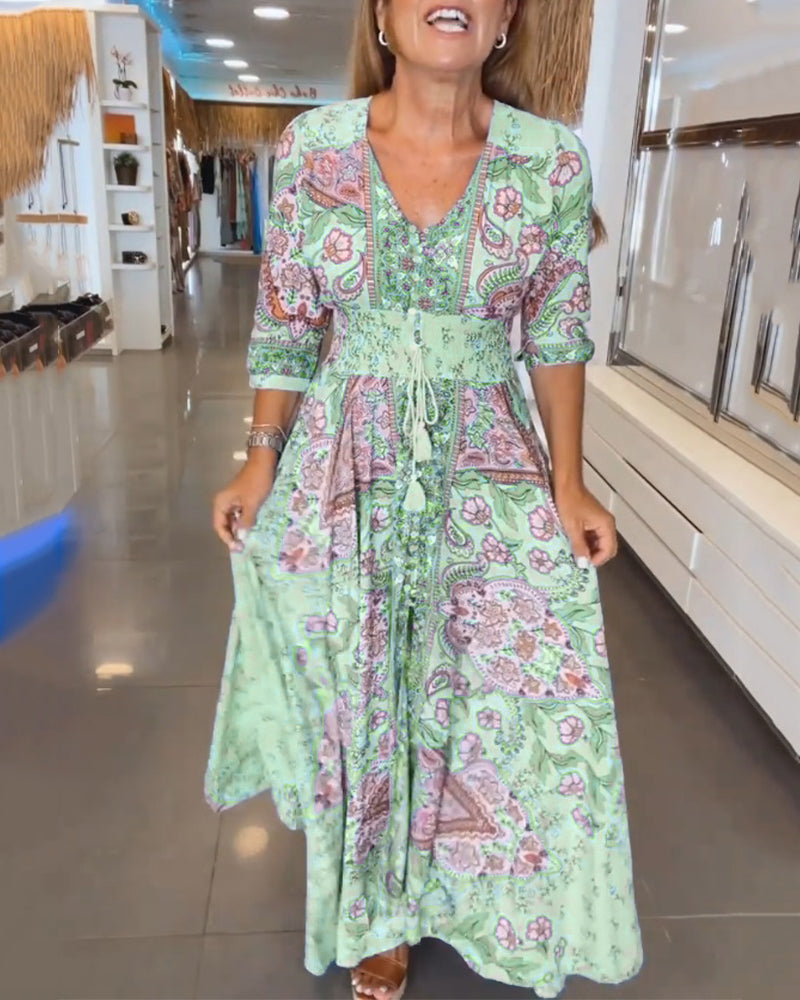Solis | Women's Paisley Maxi Dress V-Neck 3/4 Sleeve Boho