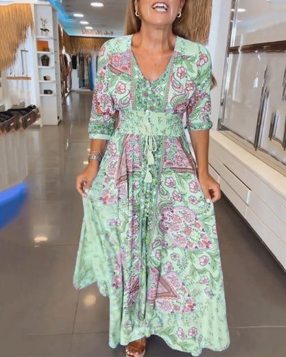 Solis | Women's Paisley Maxi Dress V-Neck 3/4 Sleeve Boho