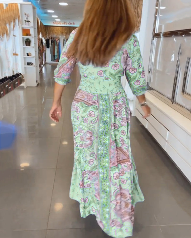 Solis | Women's Paisley Maxi Dress V-Neck 3/4 Sleeve Boho