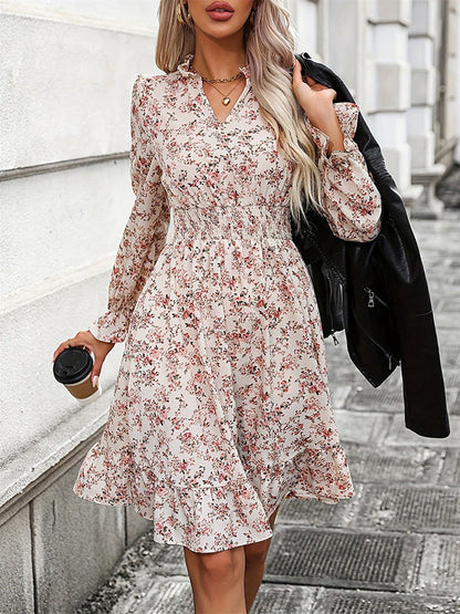 A-Line Long Sleeves Elasticity Flower Print V-Neck Midi Dresses