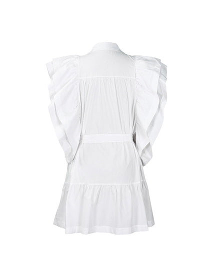A-Line High Waisted Buttoned Pleated Ruffled Solid Color Tied Waist Lapel Mini Dresses