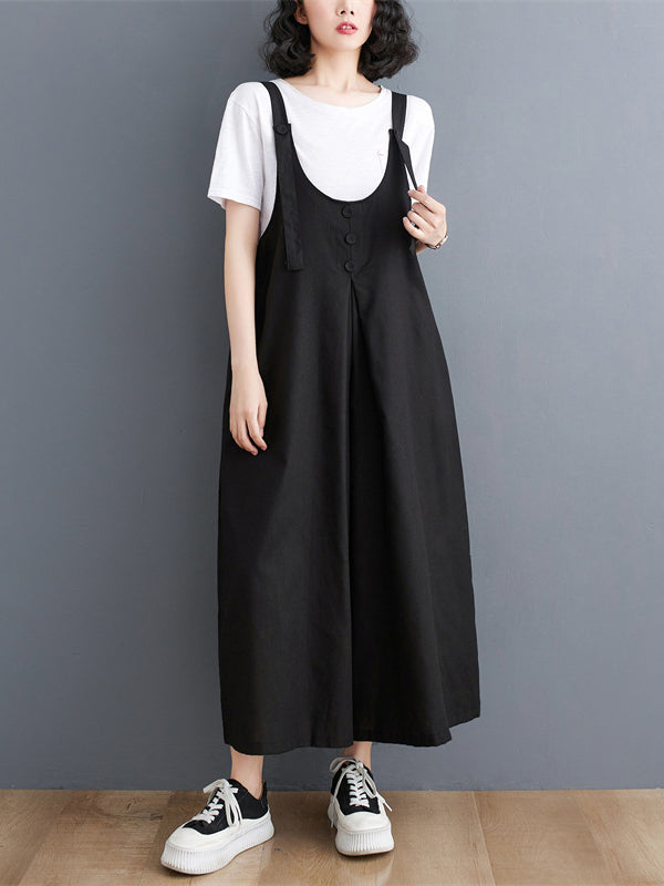 Ninth Pants Wide Leg Buttoned Solid Color Spaghetti-Neck Overalls