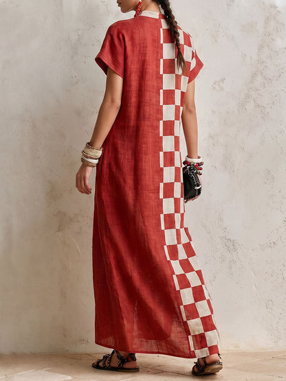 Split-front Split-Joint Pockets Plaid Contrast Color Buttoned Short Sleeves Loose V-neck Maxi Dresses