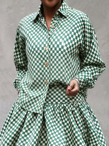 Plaid Contrast Color Buttoned Long Sleeves Lapel Blouses&shirts Tops