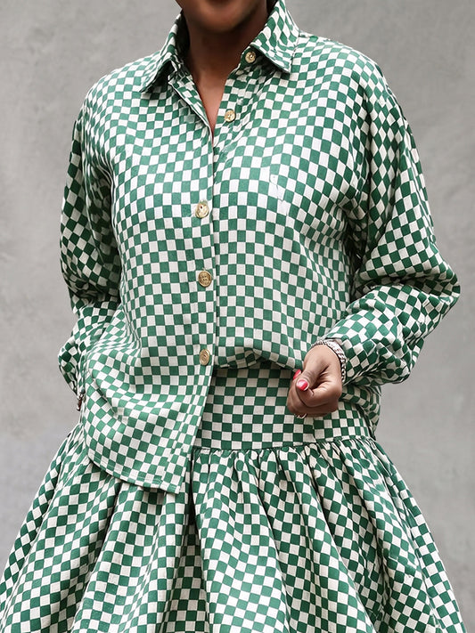 Plaid Contrast Color Buttoned Long Sleeves Lapel Blouses&shirts Tops