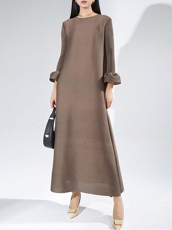 A-Line Loose Pleated Solid Color Round-Neck Maxi Dresses LIGHT COFFEE One_size