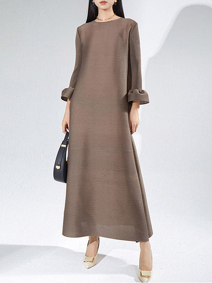 A-Line Loose Pleated Solid Color Round-Neck Maxi Dresses LIGHT COFFEE One_size