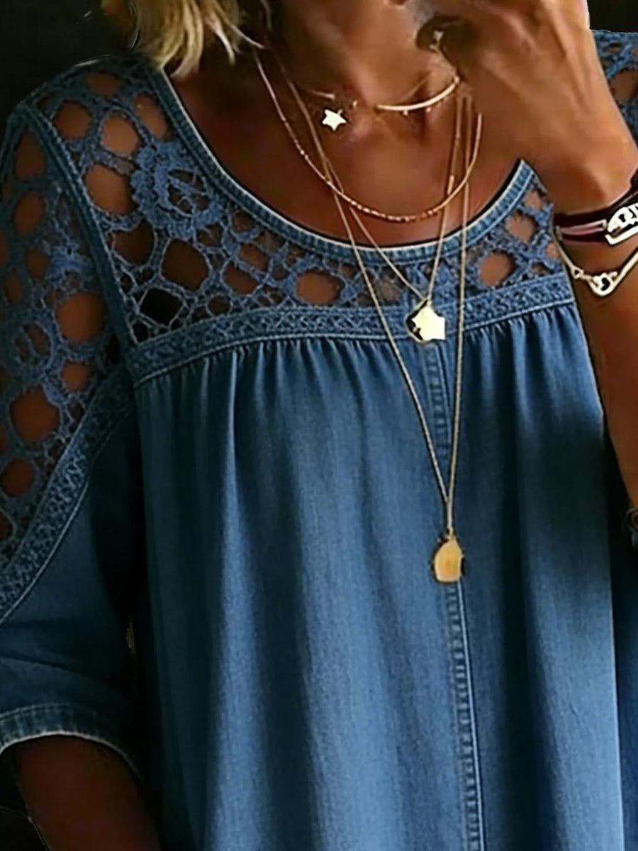 Loose Three-Quarter Sleeves Hollow Pleated Solid Color Blouses&Shirts Tops