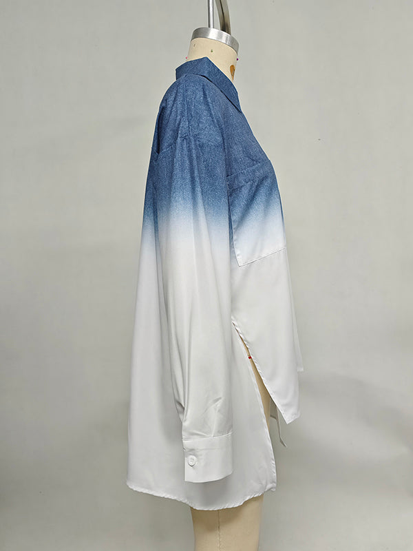 High-Low Loose Gradient Printed Split-Joint Split-Side Lapel Blouses&Shirts Tops