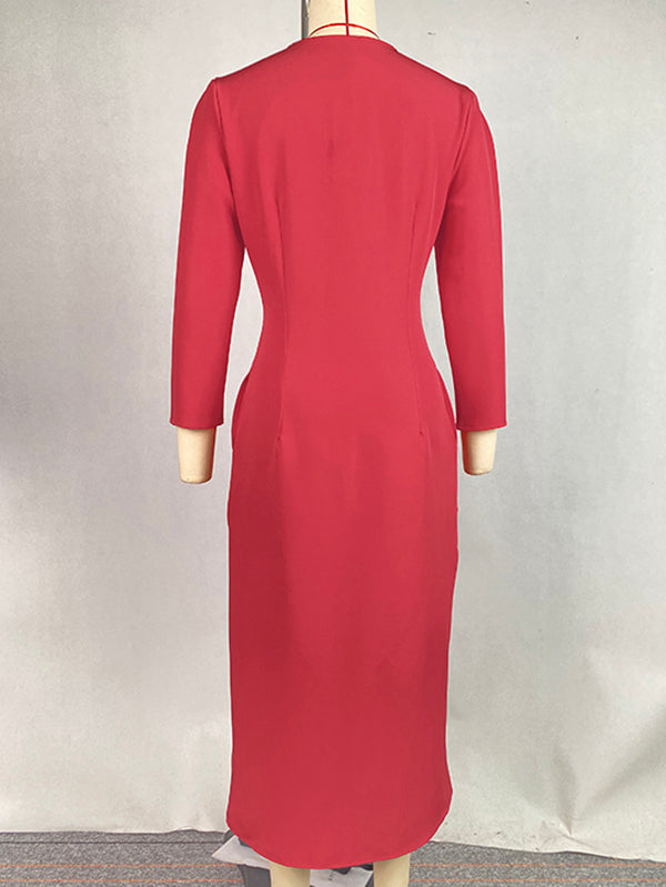 Robe chemise moulante à manches longues et col en V, couleur unie, boutonnée 