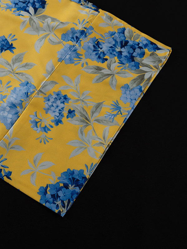 Loose Printed Split-Joint Deep V-Neck Lace-Up Blouse + Drawstring Elasticity Pants Trousers Two Pieces Set