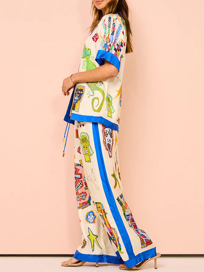 High Waisted Loose Asymmetric Printed Split-Joint Pants Trousers