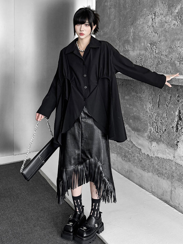 High-Low Irregularity Buttoned Pleated Solid Color Split-Joint Shirt Collar Blouses&Shirts Tops