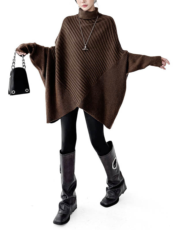 Batwing Sleeves Irregularity Asymmetric Ribbed Knit Solid Color Split-Joint High Neck Sweater Tops