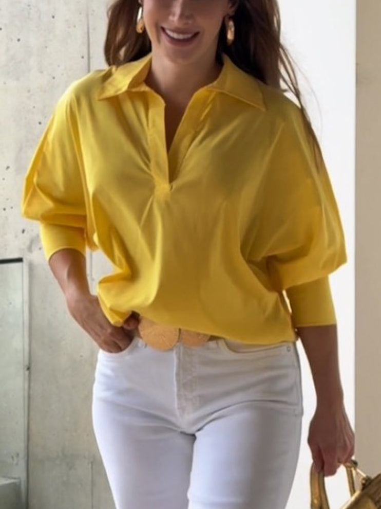Loose Puff Sleeves Solid Color Lapel Blouses&Shirts Tops