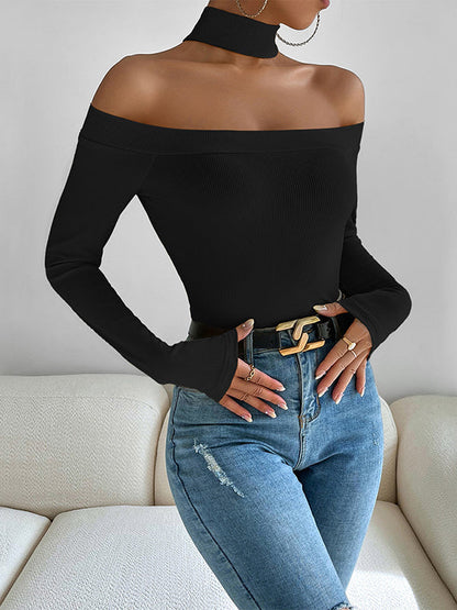 Langärmlige, schmale, einfarbige, schulterfreie T-Shirts 