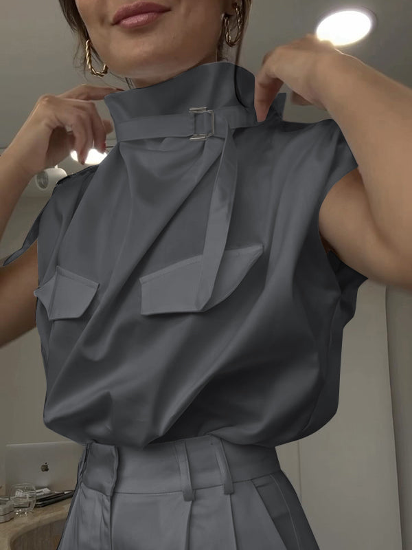Loose Sleeveless Buckle Solid Color Stand Collar Blouses&Shirts Tops