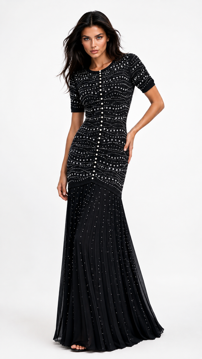 GINA Knit Pearl Embellished Pleated Maxi Dress – Elegant Beaded Gown