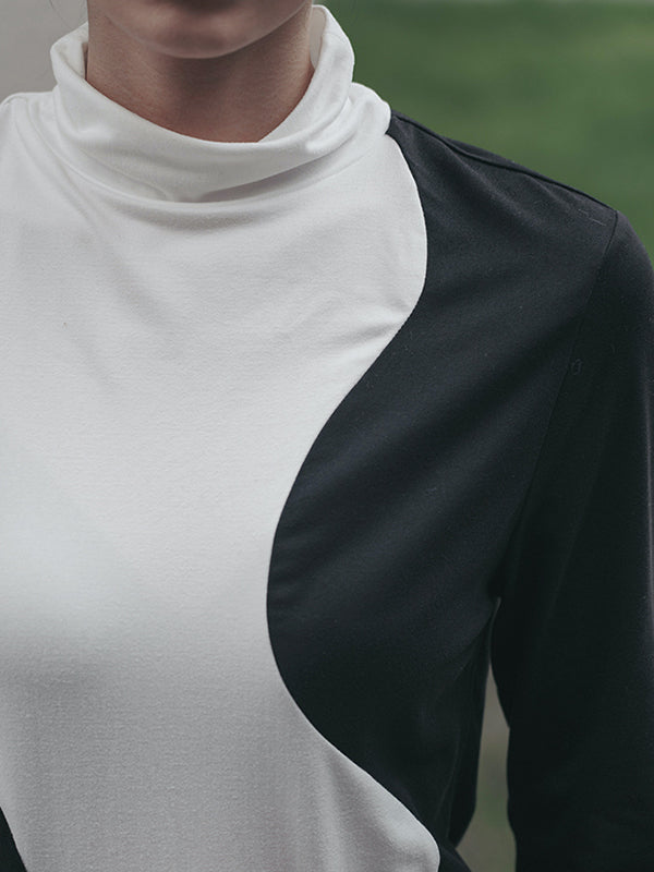 T-shirts urbains skinny à manches longues et col montant asymétriques contrastés 
