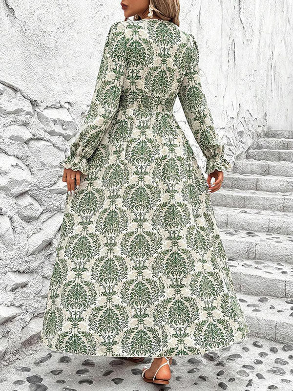 Loose Puff Sleeves Elasticity Printed Split-Joint V-Neck Maxi Dresses