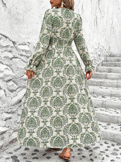 Loose Puff Sleeves Elasticity Printed Split-Joint V-Neck Maxi Dresses