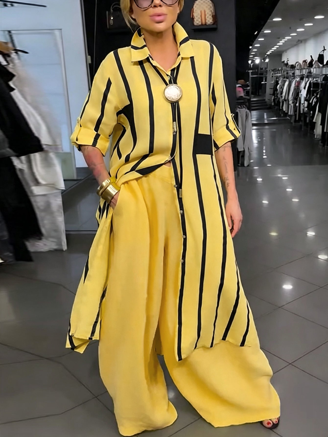 High‑low Long Sleeves Buttoned Contrast Color Striped Lapel Blouses&shirts Tops + Solid Color Pockets Wide‑Leg Bottoms Pants Trousers Two Pieces Set