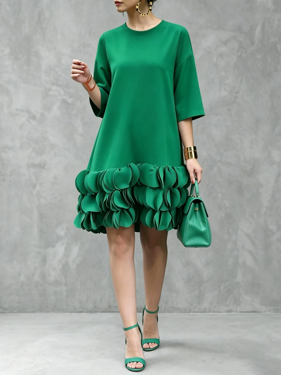 A-Line Loose Solid Color Split-Joint Three-Dimensional Flower Round-Neck Midi Dresses-1