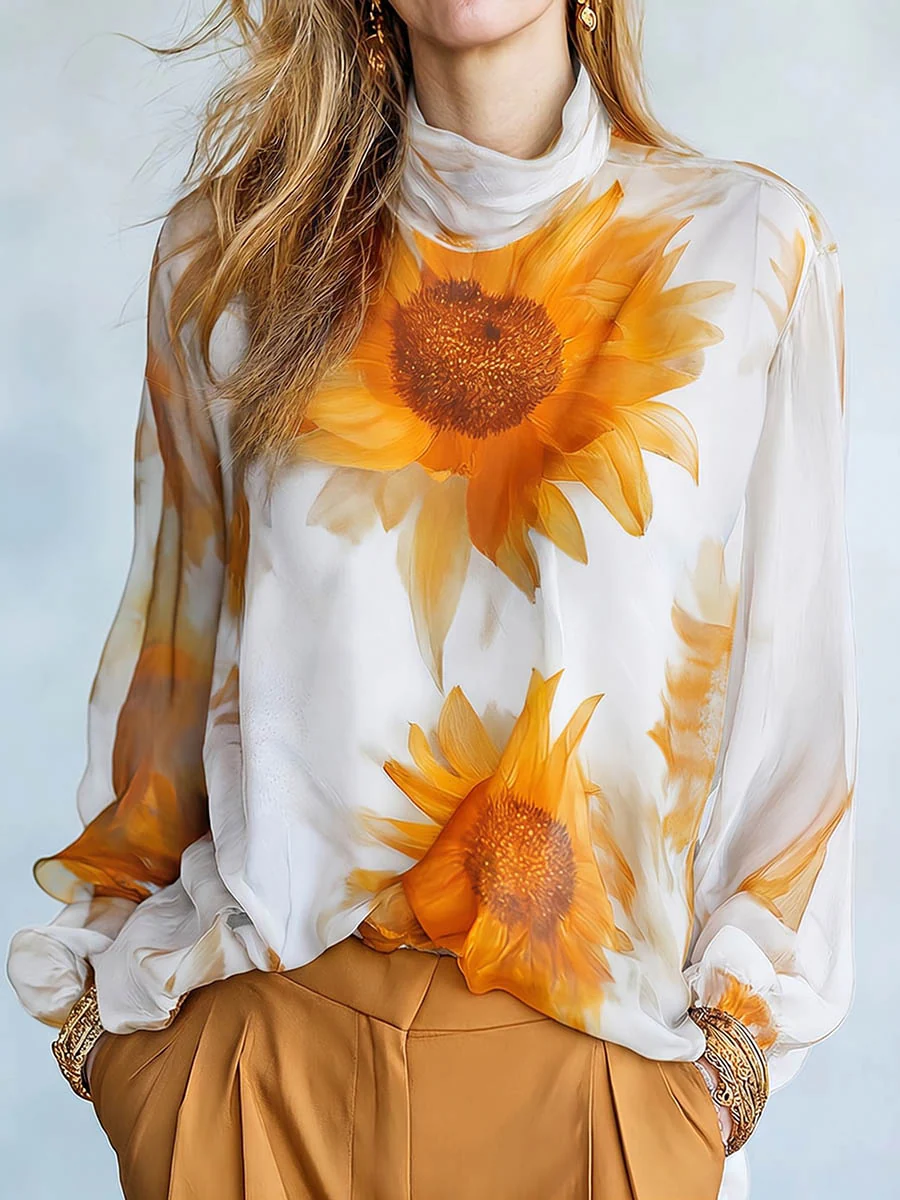 Long Sleeves Loose Contrast Color Flower Print See-Through Mock Neck Blouses&Shirts Tops