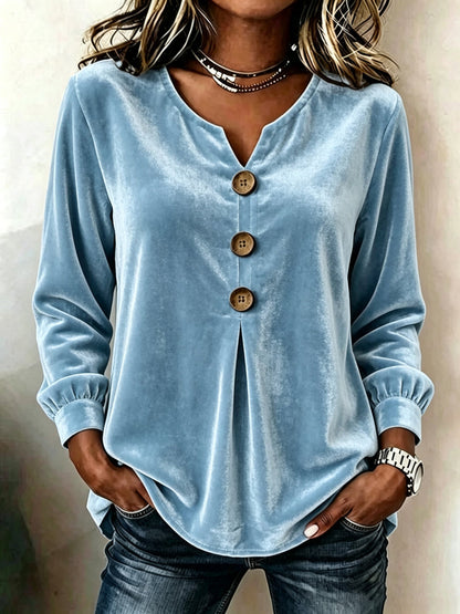 Velvet Solid Color Pleated Buttoned Loose Long Sleeves V-neck T-Shirts Tops