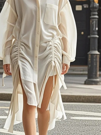 Long Sleeves Loose Buttoned Drawstring Pleated Pockets Solid Color Lapel Midi Dresses Shirt Dress