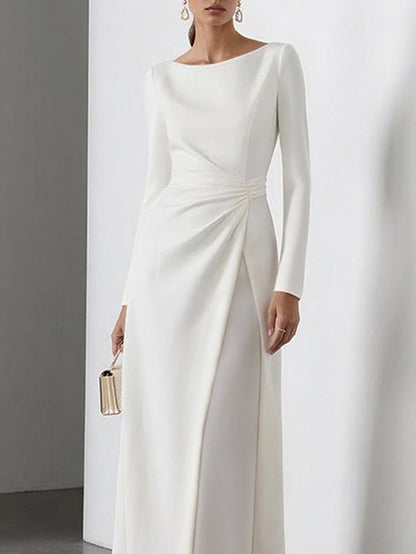 High Waisted Long Sleeves Gauze Pleated Solid Color Split-Joint Round-Neck Maxi Dresses