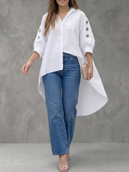 High-Low Loose Buttoned Hollow Pleated Solid Color Lapel Blouses&Shirts Tops